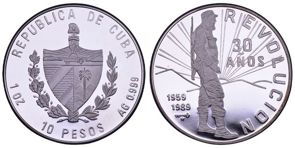 CUBA. TERZA REPUBBLICA, dal 1959. 30 ANIV. DE LA REVOLUTION. 10 Pesos 1989. 30 Anniversario della Rivoluzione.