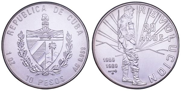 CUBA. TERZA REPUBBLICA, dal 1959. 10 Pesos 1989. 30 Anniversario della Rivoluzione.
