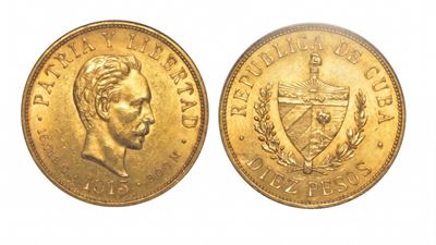 Cuba, 10 Pesos 1915 (Prima Repubblica), sigillato in slab ANA MS61