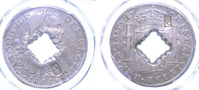 Guadalupa, 9 Livres 1811 (Proclama del 9 maggio 1811) con contromarca su 8 Reales 1808 (Carlo IV)