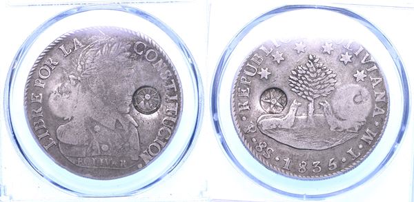 GUATEMALA. REPUBBLICA FEDERALE DEL CENTRO AMERICA, 1823–1841. 8 reales ND (1840). Doppia contromarca di Tipo III su una moneta da 8 Soles del 1835-LM coniata a Potosí.