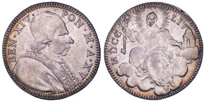 Prospero Lambertini (Benedetto XIV), Quinto di scudo romano A. XV/1754 (Stato Pontificio), XVII s...