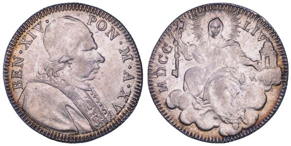 STATO PONTIFICIO. BENEDETTO XIV (Prospero Lambertini), 1740-1758. Quinto di scudo romano A. XV/1754. Roma.