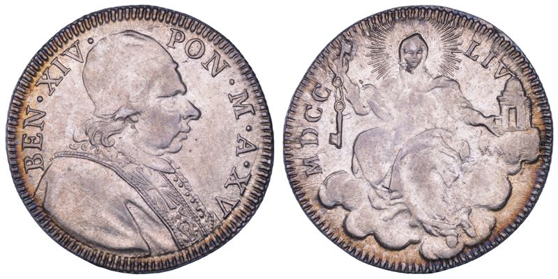 STATO PONTIFICIO. BENEDETTO XIV (Prospero Lambertini), 1740-1758. Quinto di scudo romano A. XV/1754. Roma.  - Asta Numismatica - Cambi Casa d'Aste