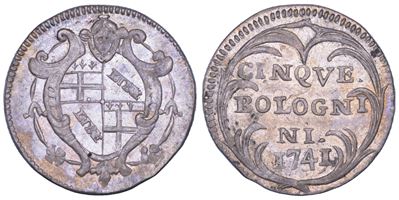 Benedetto XIV (Prospero Lambertini), Carlino da 5 bolognini, 1741, Bologna