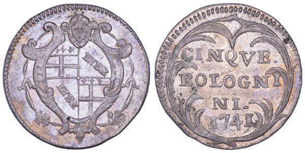 STATO PONTIFICIO. BENEDETTO XIV (Prospero Lambertini), 1740-1758. Carlino da 5 bolognini 1741. Bologna.