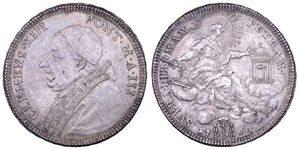 STATO PONTIFICIO. CLEMENTE XIII (Carlo Rezzonico), 1758-1769. Mezzo scudo romano A. III/1760. Roma.