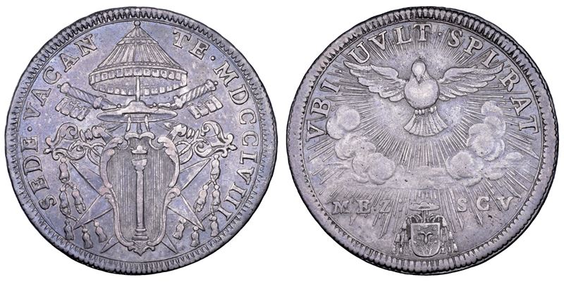 STATO PONTIFICIO. SEDE VACANTE 1758 (camerlengo cardinale Girolamo Colonna). Mezzo scudo romano 1758. Roma.  - Auction Numismatics - Cambi Casa d'Aste
