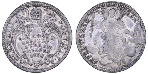 STATO PONTIFICIO. CLEMENTE XIII (Carlo Rezzonico), 1758-1769. Quinto di scudo A. I/1758. Roma. Emissione commemorativa per il possesso del Laterano.