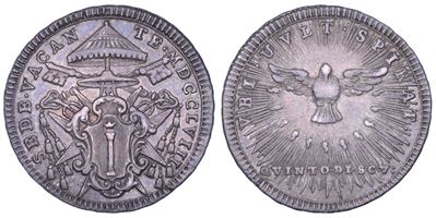 Camerlengo cardinale Girolamo Colonna, Stato Pontificio. Sede vacante 1758, quinto di scudo, con ...
