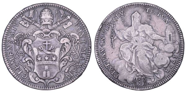 STATO PONTIFICIO. CLEMENTE XIV (Gian Vincenzo Antonio Ganganelli), 1769-1774. Mezzo scudo romano A. IV/1773. Roma.