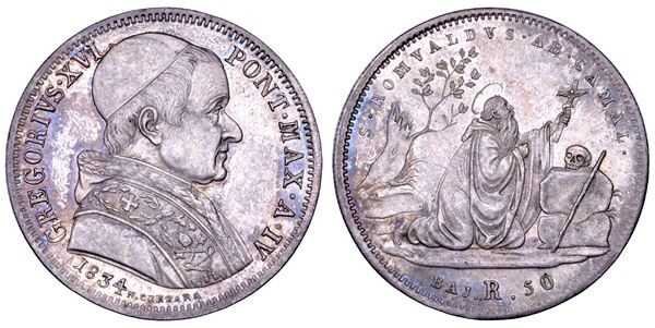 STATO PONTIFICIO. GREGORIO XVI (Bartolomeo Alberto Cappellari), 1831-1846. Mezzo scudo romano (50 baiocchi) A. IV/1834. Roma.