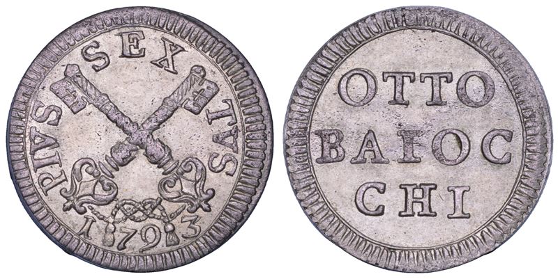 STATO PONTIFICIO. PIO VI (Giannangelo Braschi), 1775-1799. Muraiola da 8 Baiocchi 1793. Roma.  - Asta Numismatica - Cambi Casa d'Aste