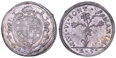 Pio VI (Giannangelo Braschi), Carlino da 5 baiocchi, 1783 (Bologna), argento