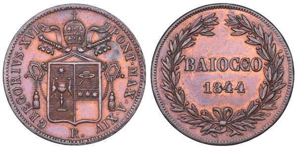 STATO PONTIFICIO. GREGORIO XVI (Bartolomeo Alberto Cappellari), 1831-1846. Baiocco A. XIV/1844. Roma.