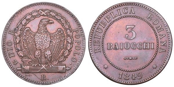SECONDA REPUBBLICA ROMANA, 1848-1849. 3 Baiocchi 1849. Roma.