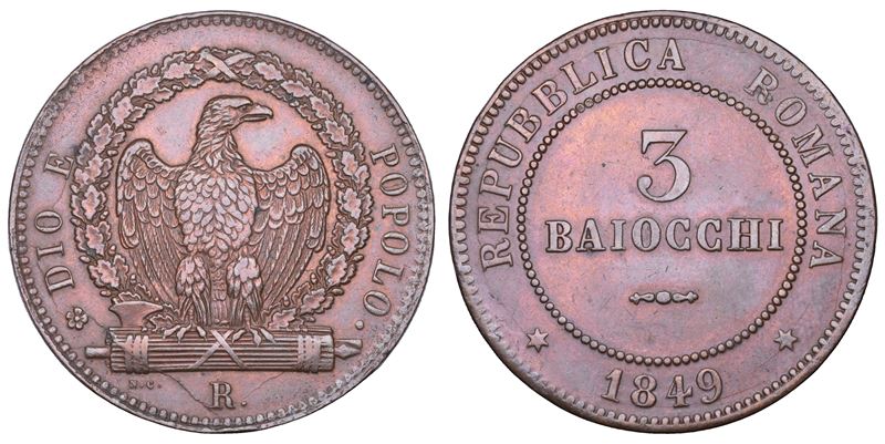 SECONDA REPUBBLICA ROMANA, 1848-1849. 3 Baiocchi 1849. Roma.  - Asta Numismatica - Cambi Casa d'Aste