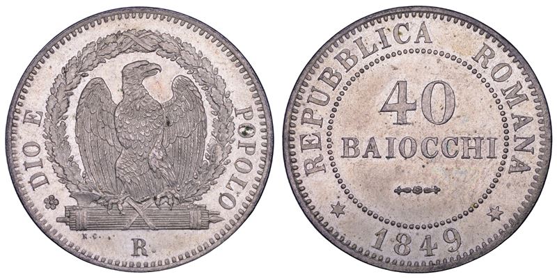 SECONDA REPUBBLICA ROMANA, 1848-1849. 40 Baiocchi 1849. Roma.  - Auction Numismatics - Cambi Casa d'Aste