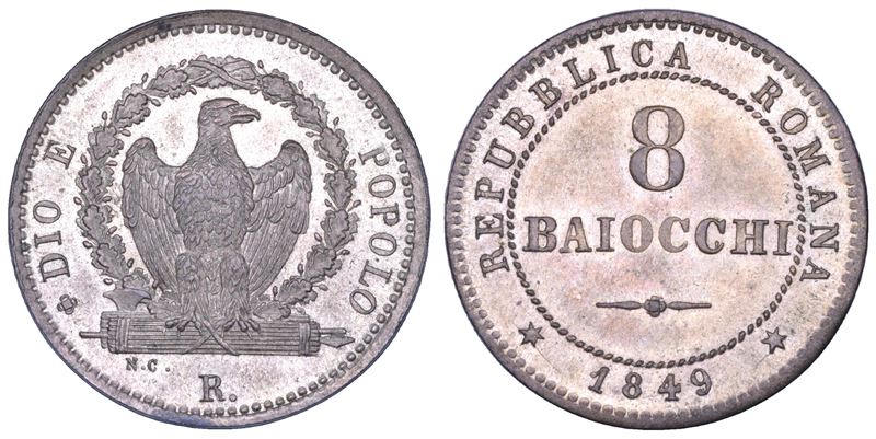 SECONDA REPUBBLICA ROMANA, 1848-1849. 8 Baiocchi 1849. Roma.  - Asta Numismatica - Cambi Casa d'Aste