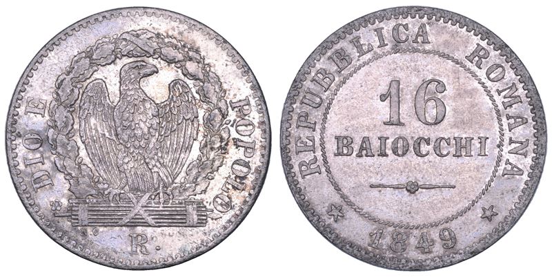 SECONDA REPUBBLICA ROMANA, 1848-1849. 16 Baiocchi 1849. Roma.  - Asta Numismatica - Cambi Casa d'Aste