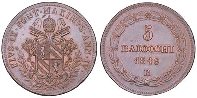 Pio IX (Giovanni Maria Mastai Ferretti), 5 baiocchi, Roma, 1849