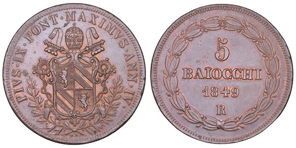 STATO PONTIFICIO. PIO IX (Giovanni Maria Mastai Ferretti), 1846-1878. 5 Baiocchi A. IV/1849. Roma.