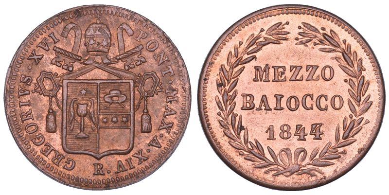 STATO PONTIFICIO. GREGORIO XVI (Bartolomeo Alberto Cappellari), 1831-1846. Mezzo baiocco A. XIV/1844. Roma.  - Auction Numismatics - Cambi Casa d'Aste