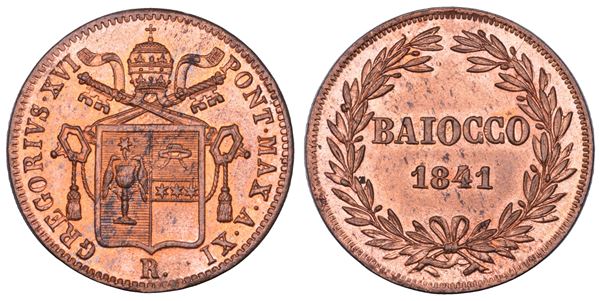 STATO PONTIFICIO. GREGORIO XVI (Bartolomeo Alberto Cappellari), 1831-1846. Baiocco A. XI/1841. Roma.