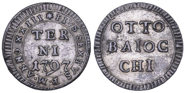 STATO PONTIFICIO. PIO VI (Giannangelo Braschi), 1775-1799. Muraiola da 8 baiocchi A. XXIII/1797. Terni.