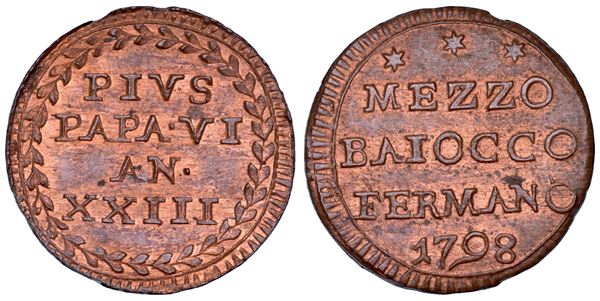 STATO PONTIFICIO. PIO VI (Giannangelo Braschi), 1775-1799. Mezzo Baiocco A. XXIII/1798. Fermo.