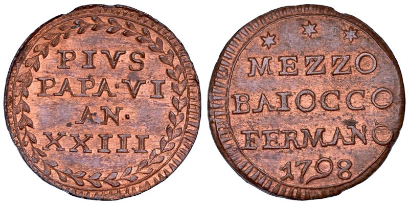 STATO PONTIFICIO. PIO VI (Giannangelo Braschi), 1775-1799. Mezzo Baiocco A. XXIII/1798. Fermo.  - Asta Numismatica - Cambi Casa d'Aste