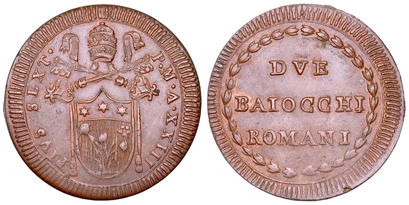 Pio VI (Giannangelo Braschi), 2 baiocchi romani, Stato Pontificio (1775-1799)