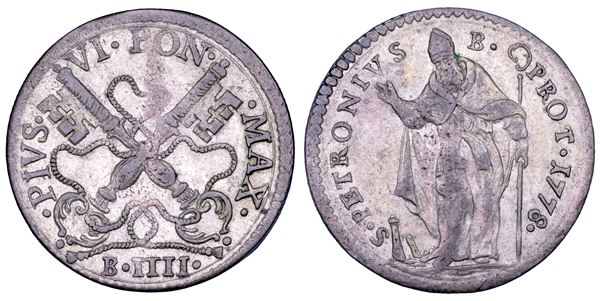 STATO PONTIFICIO. PIO VI (Giannangelo Braschi), 1775-1799. Muraiola da 4 baiocchi 1778. Bologna.