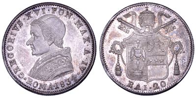 Cappellari (Gregorio XVI), Papetto da 20 baiocchi, Stato Pontificio, Roma 1834