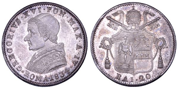 STATO PONTIFICIO. GREGORIO XVI (Bartolomeo Alberto Cappellari), 1831-1846. Papetto (20 baiocchi) A. IV/1834. Roma.