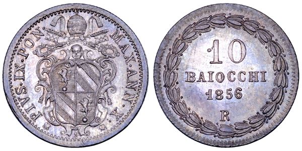 STATO PONTIFICIO. PIO IX (Giovanni Maria Mastai Ferretti), 1846-1878. 10 Baiocchi A. X/1856. Roma.