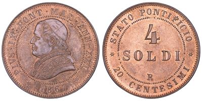 Pio IX (Giovanni Maria Mastai Ferretti), 4 Soldi 20 Centesimi “Stato Pontificio” (Roma, 1867)