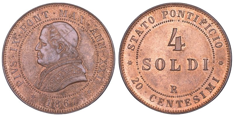 STATO PONTIFICIO. PIO IX (Giovanni Maria Mastai Ferretti), 1846-1878. 4 Soldi A. XXI/1867. Roma.  - Asta Numismatica - Cambi Casa d'Aste