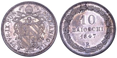 Pio IX (Giovanni Maria Mastai Ferretti), 10 Baiocchi, Stemma pontificio, 1847 (Anno II)