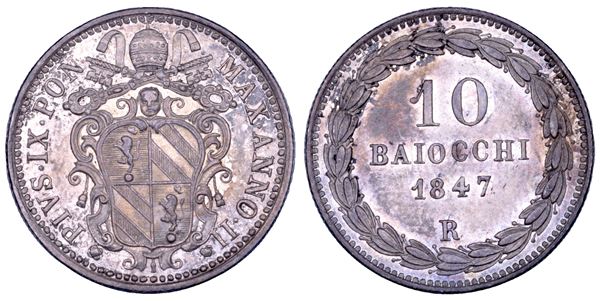 STATO PONTIFICIO. PIO IX (Giovanni Maria Mastai Ferretti), 1846-1878. 10 Baiocchi A. II/1847. Roma.