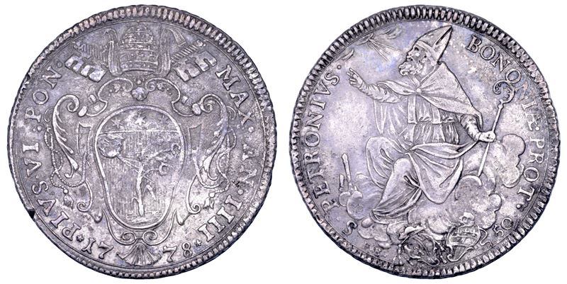Pio VI (Giannangelo Braschi), Mezzo scudo romano “A. IIII/1778”, Bologna