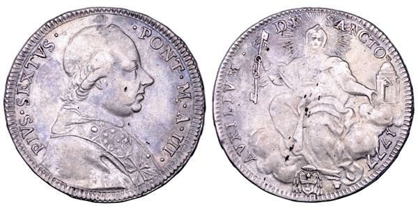 STATO PONTIFICIO. PIO VI (Giannangelo Braschi), 1775-1799. Mezzo scudo romano A. III/1777. Roma.