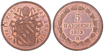 Mastai Ferretti (Pio IX), 5 baiocchi, Stato Pontificio, 1852 (A. VII)
