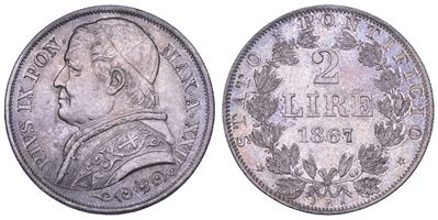 Pio IX (Giovanni Maria Mastai Ferretti), 2 Lire dello Stato Pontificio, 1867 (A. XXII), Roma