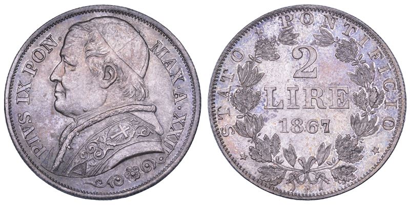 STATO PONTIFICIO. PIO IX (Giovanni Maria Mastai Ferretti), 1846-1878. 2 Lire A. XXII/1867. Roma.  - Auction Numismatics - Cambi Casa d'Aste