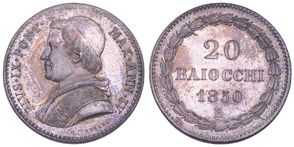STATO PONTIFICIO. PIO IX (Giovanni Maria Mastai Ferretti), 1846-1878. 20 Baiocchi A. IV/1850. Roma.
