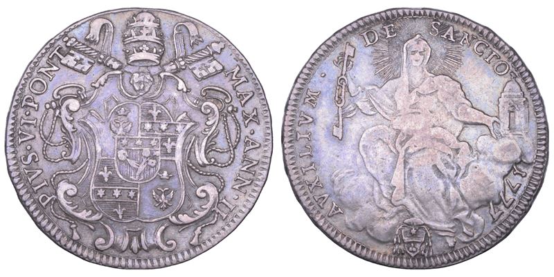 STATO PONTIFICIO. PIO VI (Giannangelo Braschi), 1775-1799. Mezzo scudo romano A. II/1777. Roma.  - Auction Numismatics - Cambi Casa d'Aste
