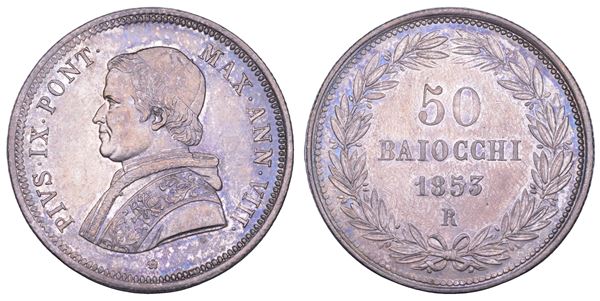 STATO PONTIFICIO. PIO IX (Giovanni Maria Mastai Ferretti), 1846-1878. 50 Baiocchi A. VIII/1853. Roma.