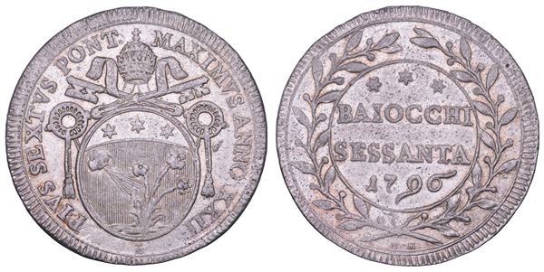 STATO PONTIFICIO. PIO VI (Giannangelo Braschi), 1775-1799. 60 Baiocchi A. XXII/1796. Roma.
