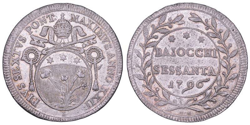 STATO PONTIFICIO. PIO VI (Giannangelo Braschi), 1775-1799. 60 Baiocchi A. XXII/1796. Roma.  - Asta Numismatica - Cambi Casa d'Aste